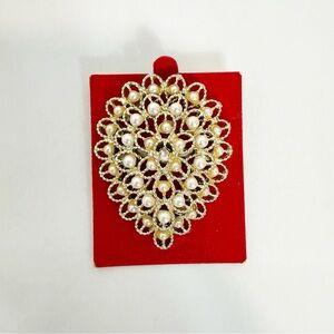 Gold Tone Peacock Fan Brooch Faux White Pearl Gold Filled 1980 Vintage